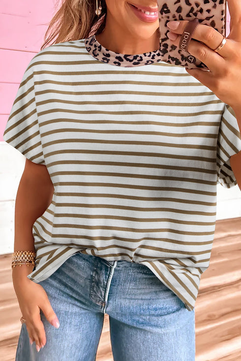 Relaxed Fit Stripe And Leopard Patchwork Cotton Tee