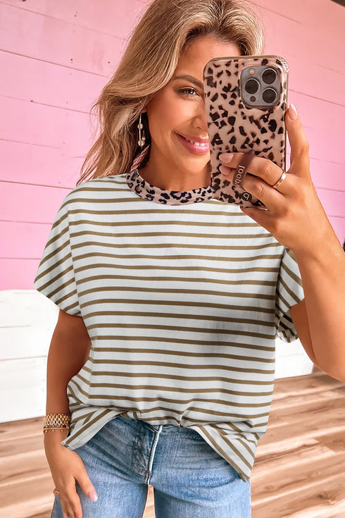 Relaxed Fit Stripe And Leopard Patchwork Cotton Tee
