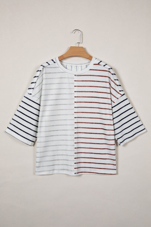 Relaxed Fit Striped Colorblock Three Quarter Sleeve Shirt