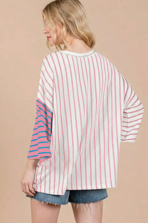 Relaxed Fit Striped Colorblock Three Quarter Sleeve Shirt
