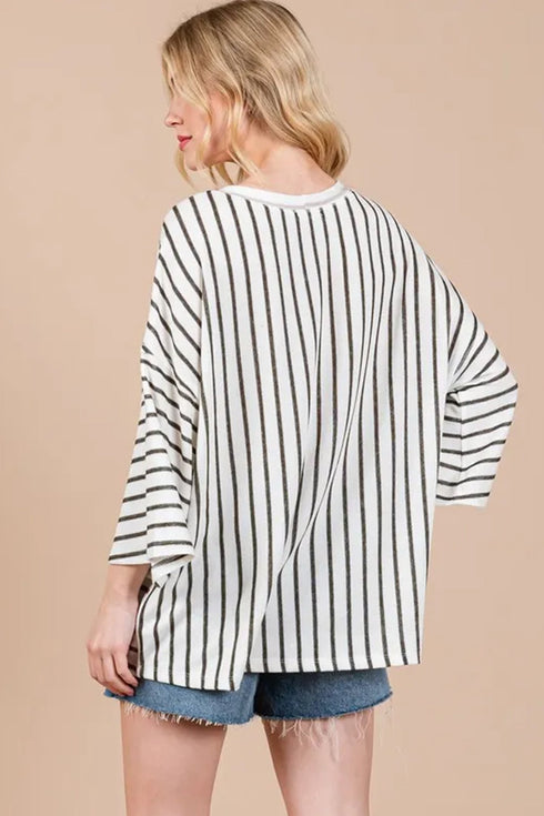Relaxed Fit Striped Colorblock Three Quarter Sleeve Shirt