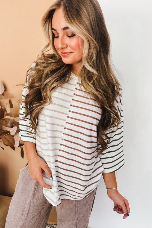 Relaxed Fit Striped Colorblock Three Quarter Sleeve Shirt
