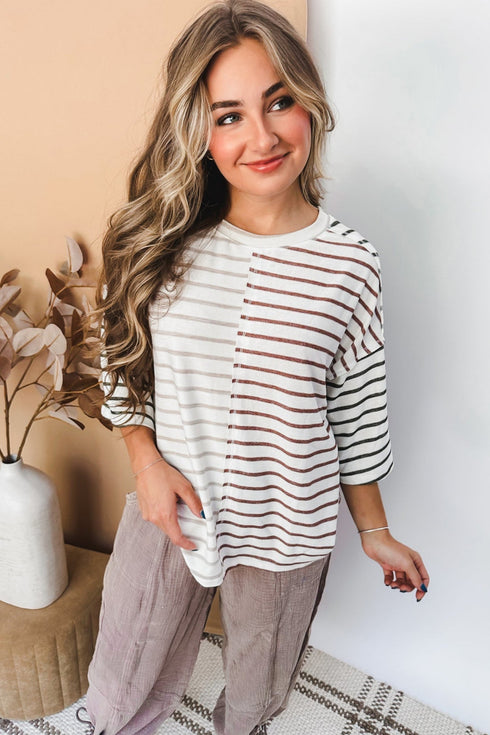 Relaxed Fit Striped Colorblock Three Quarter Sleeve Shirt