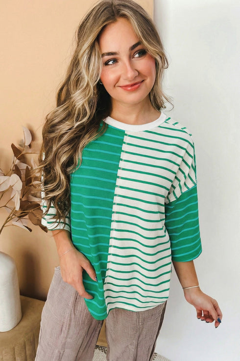 Relaxed Fit Striped Colorblock Three Quarter Sleeve Shirt