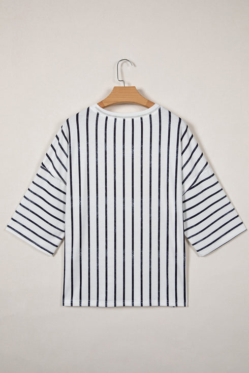 Relaxed Fit Striped Colorblock Three Quarter Sleeve Shirt