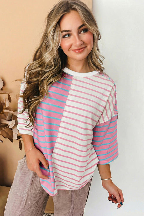 Relaxed Fit Striped Colorblock Three Quarter Sleeve Shirt