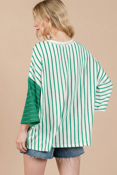Relaxed Fit Striped Colorblock Three Quarter Sleeve Shirt