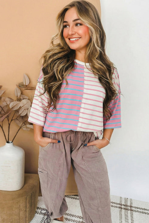 Relaxed Fit Striped Colorblock Three Quarter Sleeve Shirt