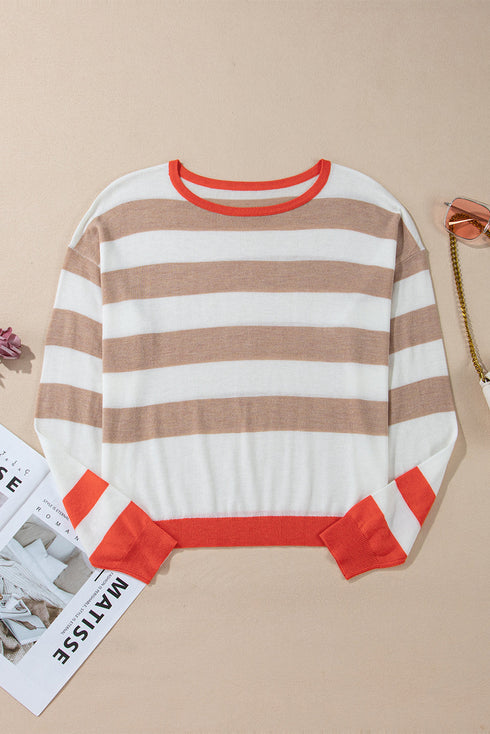 Relaxed Fit Striped Crew Neck Knit Pullover Sweater