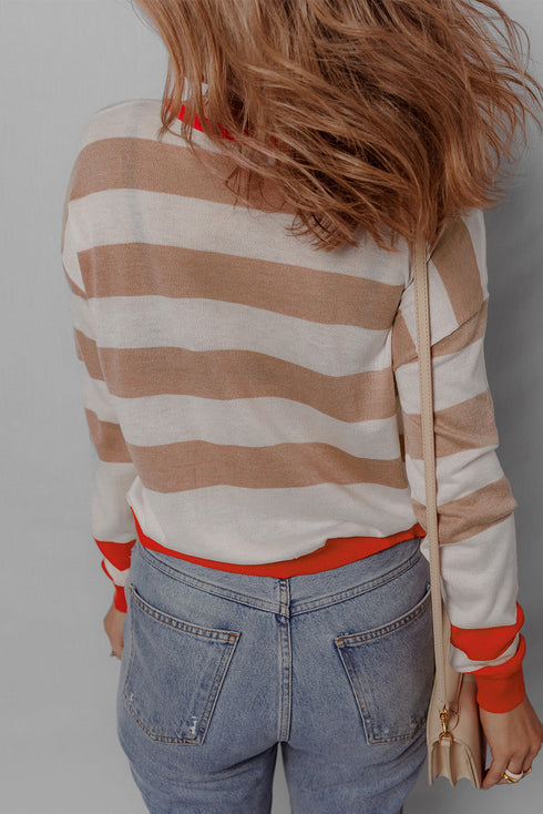 Relaxed Fit Striped Crew Neck Knit Pullover Sweater