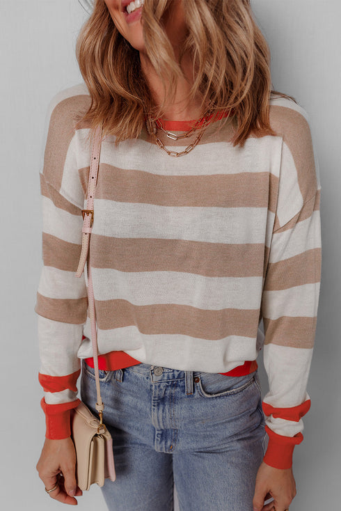 Relaxed Fit Striped Crew Neck Knit Pullover Sweater