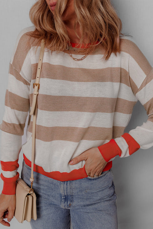 Relaxed Fit Striped Crew Neck Knit Pullover Sweater