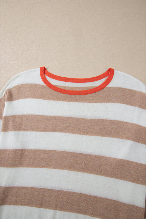 Relaxed Fit Striped Crew Neck Knit Pullover Sweater