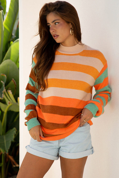 Relaxed Fit Striped Crew Neck Knit Sweater