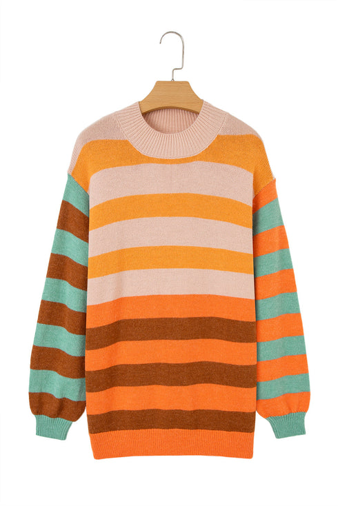 Relaxed Fit Striped Crew Neck Knit Sweater
