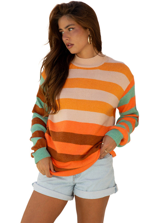 Relaxed Fit Striped Crew Neck Knit Sweater