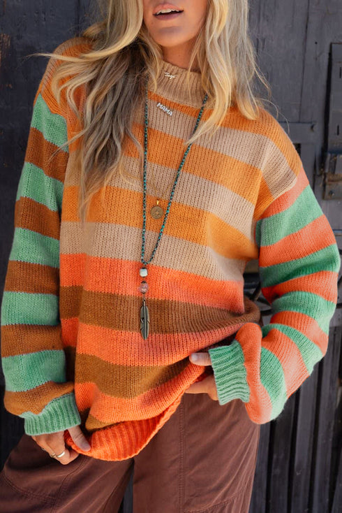 Relaxed Fit Striped Crew Neck Knit Sweater