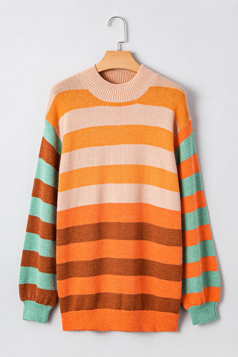 Relaxed Fit Striped Crew Neck Knit Sweater