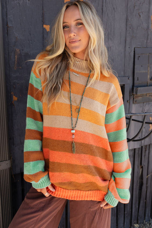 Relaxed Fit Striped Crew Neck Knit Sweater