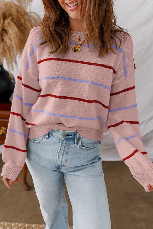 Relaxed Fit Striped Crew Neck Pullover Sweater