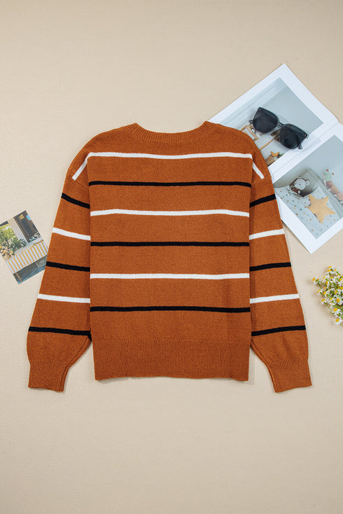 Relaxed Fit Striped Crew Neck Pullover Sweater