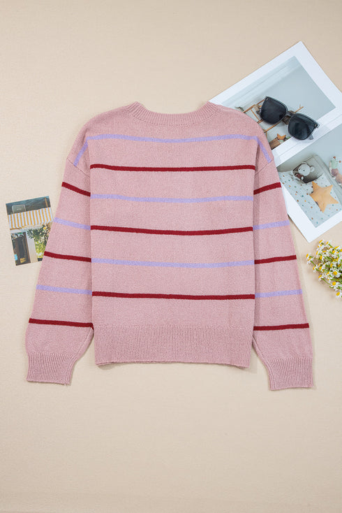 Relaxed Fit Striped Crew Neck Pullover Sweater