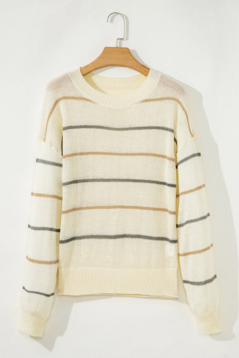 Relaxed Fit Striped Crew Neck Pullover Sweater