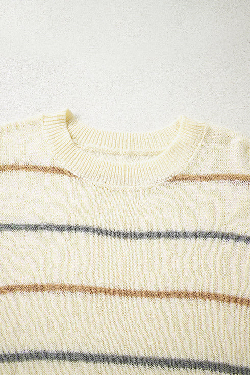 Relaxed Fit Striped Crew Neck Pullover Sweater