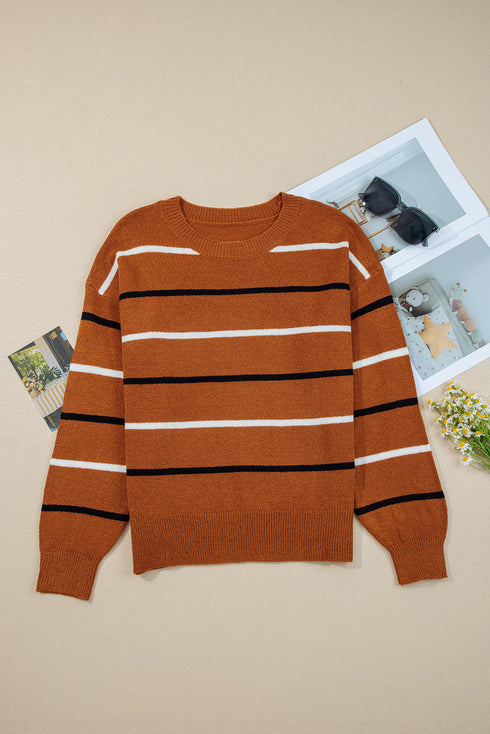 Relaxed Fit Striped Crew Neck Pullover Sweater