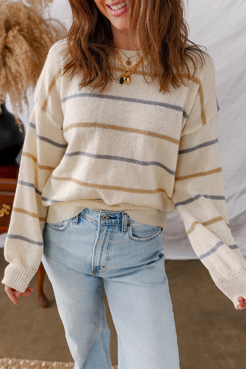 Relaxed Fit Striped Crew Neck Pullover Sweater