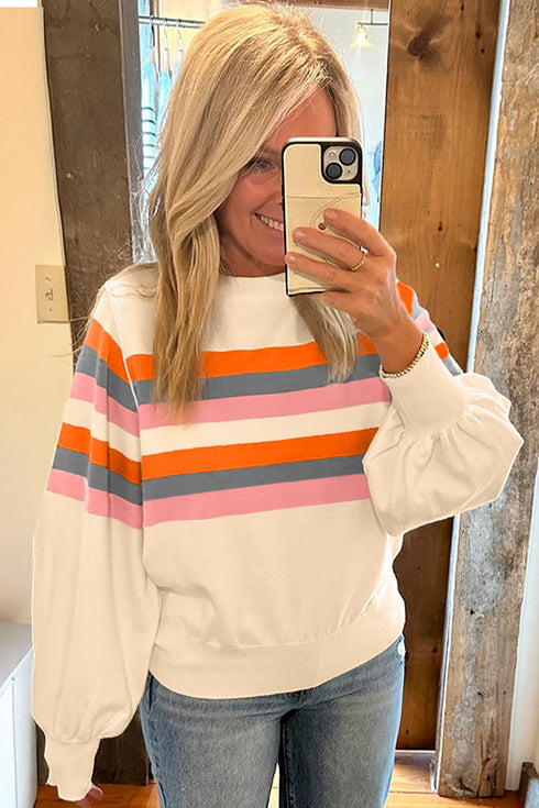 Relaxed Fit Striped Crew Neck Pullover Sweatshirt