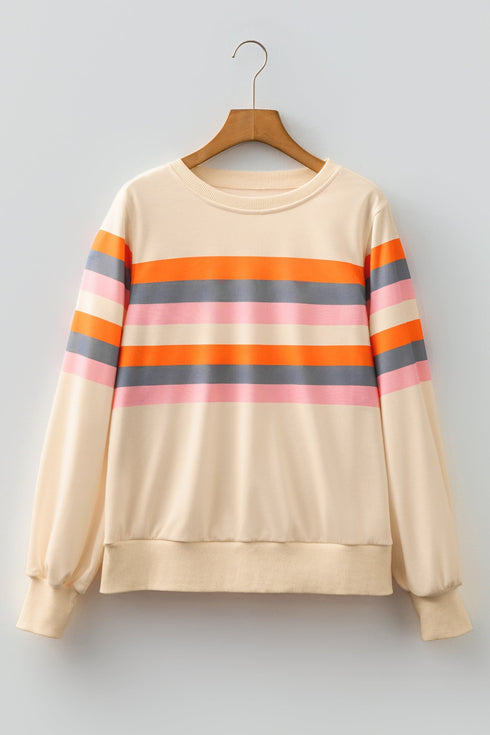 Relaxed Fit Striped Crew Neck Pullover Sweatshirt