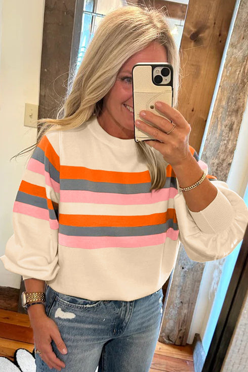 Relaxed Fit Striped Crew Neck Pullover Sweatshirt