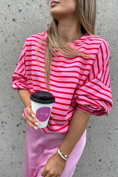 Relaxed Fit Striped Drop Shoulder Crew Neck Sweatshirt