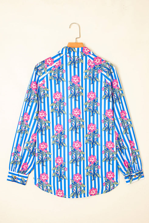 Relaxed Fit Striped Floral Button Front Shirt