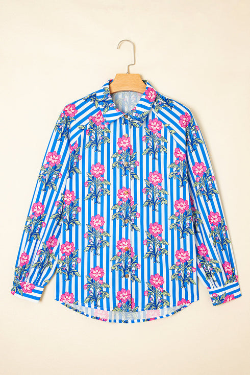 Relaxed Fit Striped Floral Button Front Shirt