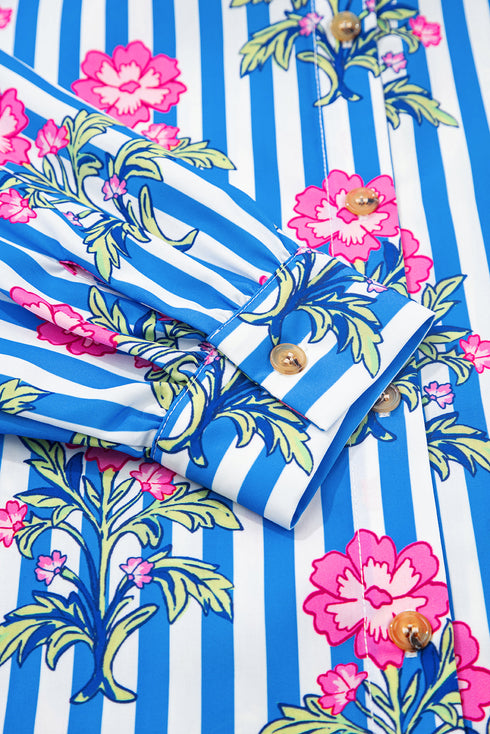 Relaxed Fit Striped Floral Button Front Shirt