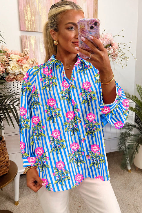 Relaxed Fit Striped Floral Button Front Shirt