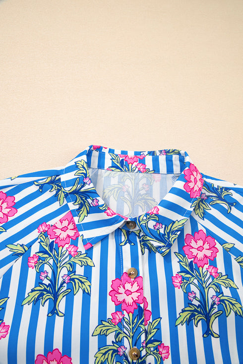 Relaxed Fit Striped Floral Button Front Shirt