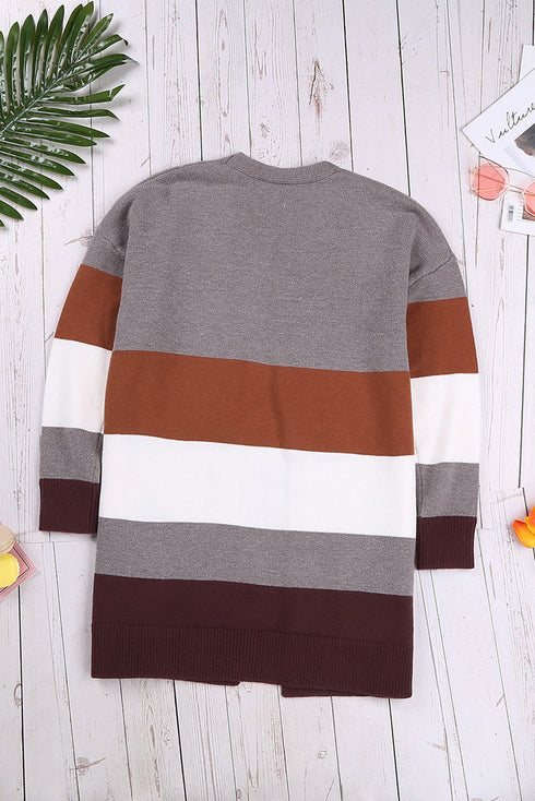 Relaxed Fit Striped Knit Open Front Cardigan