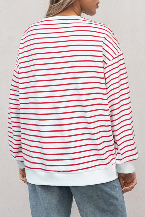Relaxed Fit Striped Print Round Neck Long Sleeve Top