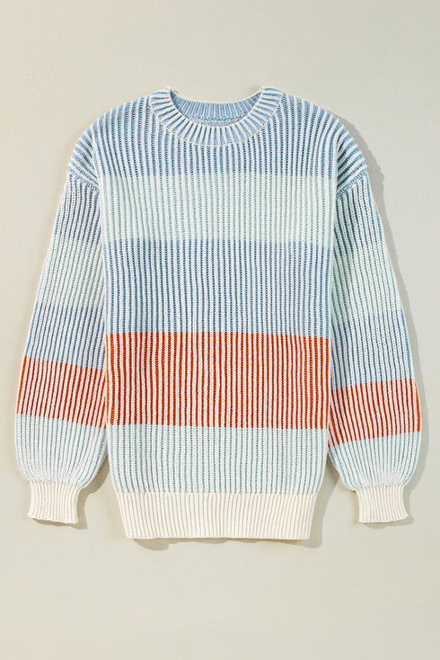 Relaxed Fit Striped Ribbed Knit Crew Neck Sweater