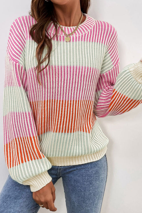 Relaxed Fit Striped Ribbed Knit Crew Neck Sweater