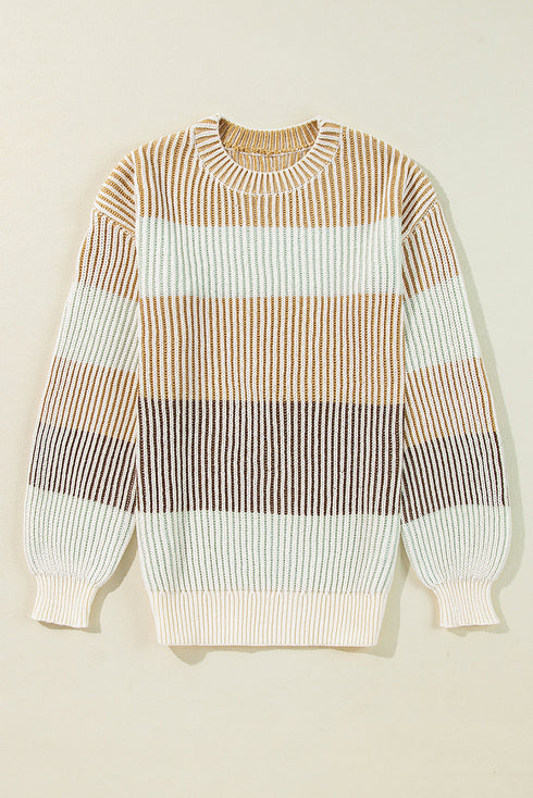 Relaxed Fit Striped Ribbed Knit Crew Neck Sweater