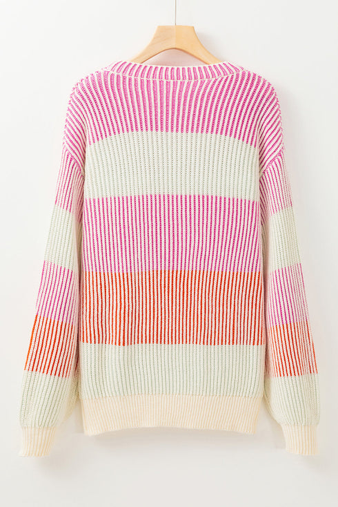 Relaxed Fit Striped Ribbed Knit Crew Neck Sweater