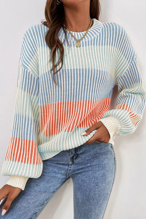 Relaxed Fit Striped Ribbed Knit Crew Neck Sweater