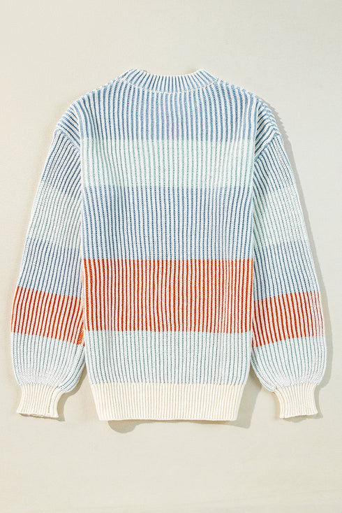 Relaxed Fit Striped Ribbed Knit Crew Neck Sweater