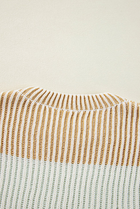 Relaxed Fit Striped Ribbed Knit Crew Neck Sweater