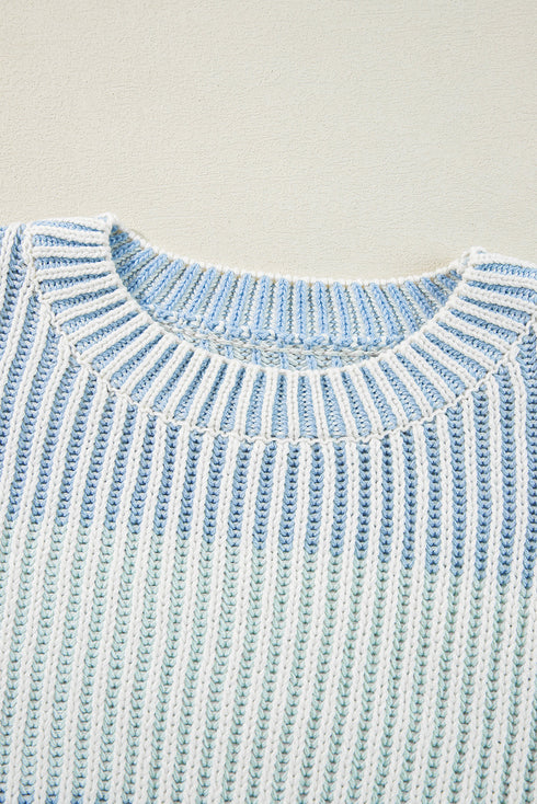 Relaxed Fit Striped Ribbed Knit Crew Neck Sweater