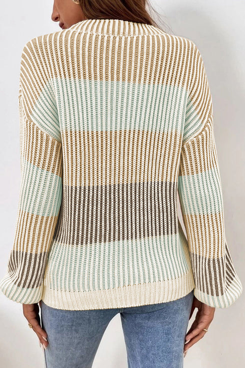 Relaxed Fit Striped Ribbed Knit Crew Neck Sweater